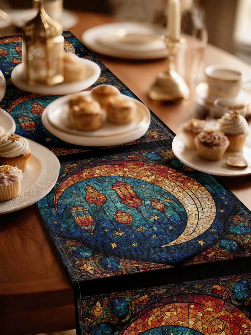 زينه رمضان مفرش طاولة رمضاني بتصميم هلال وفوانيس 33×72 سم – زينه رمضان للمنازل و الحفلات - Image 2